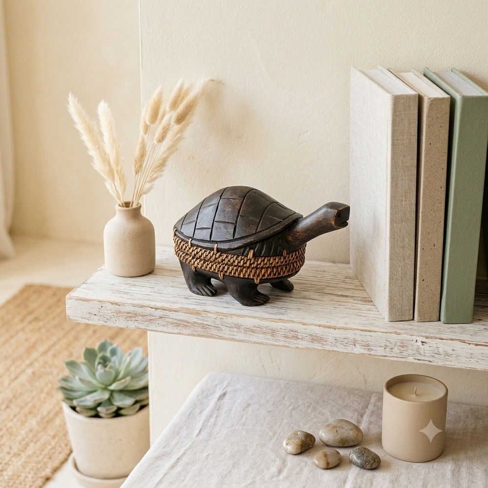 Vintage Hand-Carved Wood Turtle Trinket Box with Woven Rattan Accents